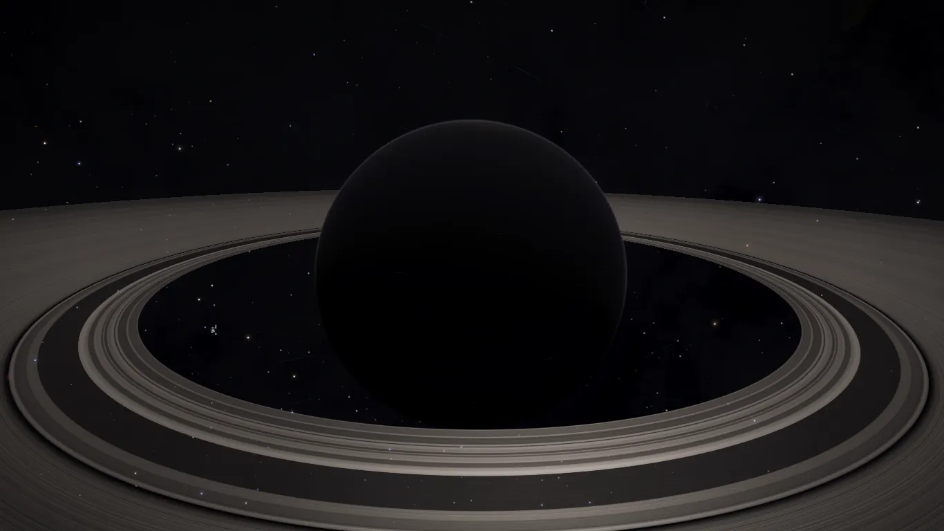 A dark ringed planet against a star field in Elite Dangerous.